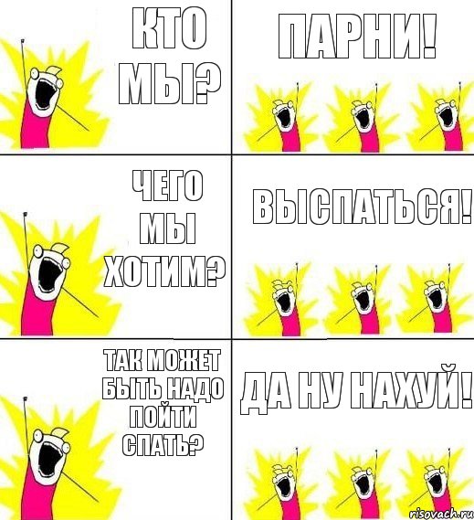 кто мы? парни! чего мы хотим? выспаться! так может быть надо пойти спать? да ну нахуй!