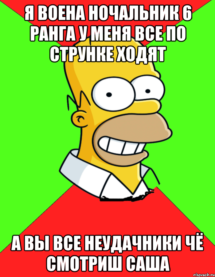 Я ВОЕНА НОЧАЛЬНИК 6 РАНГА У МЕНЯ ВСЕ ПО СТРУНКЕ ХОДЯТ А ВЫ ВСЕ НЕУДАЧНИКИ ЧЁ СМОТРИШ САША, Мем  Гомер