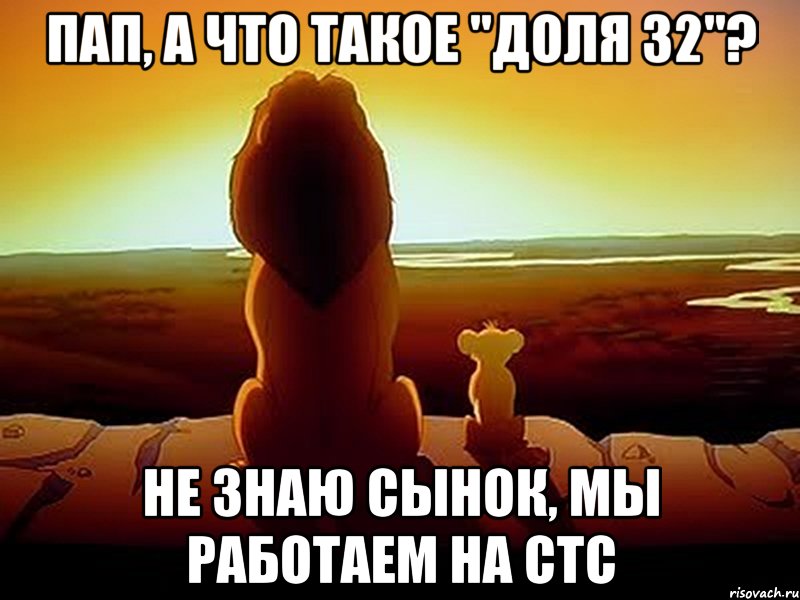 ПАП, А ЧТО ТАКОЕ "ДОЛЯ 32"? НЕ ЗНАЮ СЫНОК, МЫ РАБОТАЕМ НА СТС, Мем  король лев