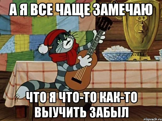 а я все чаще замечаю что я что-то как-то выучить забыл, Мем Кот Матроскин с гитарой