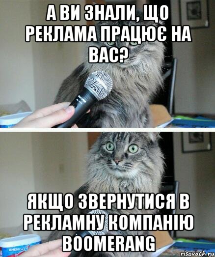 А ВИ ЗНАЛИ, ЩО РЕКЛАМА ПРАЦЮЄ НА ВАС? якщо звернутися в рекламну компанію BooMeraNG, Комикс  кот с микрофоном