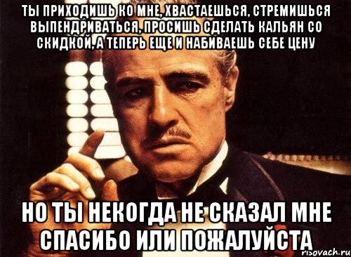 ты приходишь ко мне, хвастаешься, стремишься выпендриваться, просишь сделать кальян со скидкой, а теперь еще и набиваешь себе цену Но ты некогда не сказал мне спасибо или пожалуйста, Мем крестный отец