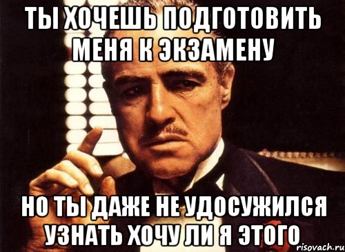 Ты хочешь подготовить меня к экзамену но ты даже не удосужился узнать хочу ли я этого, Мем крестный отец