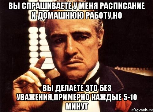 вы спрашиваете у меня расписание и домашнюю работу,но вы делаете это без уважения,примерно каждые 5-10 минут, Мем крестный отец