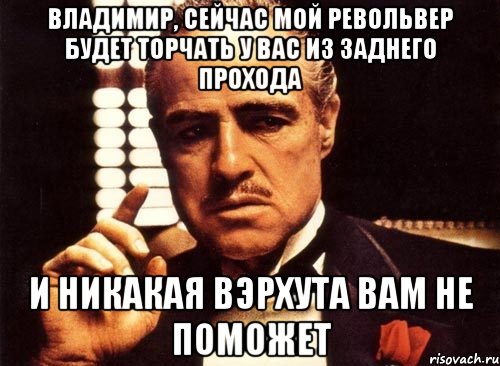 Владимир, сейчас мой револьвер будет торчать у вас из заднего прохода И никакая вэрхута вам не поможет, Мем крестный отец