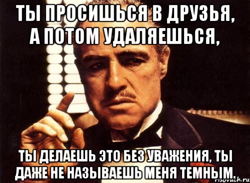 ты просишься в друзья, а потом удаляешься, ты делаешь это без уважения, ты даже не называешь меня Темным., Мем крестный отец