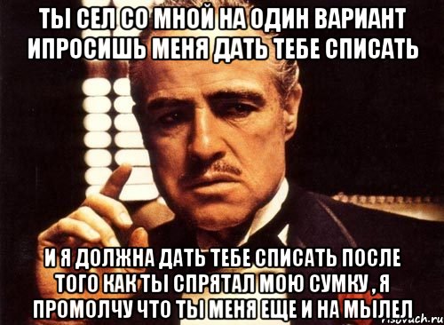 ты сел со мной на один вариант ипросишь меня дать тебе списать и я должна дать тебе списать после того как ты спрятал мою сумку , я промолчу что ты меня еще и на мылел, Мем крестный отец