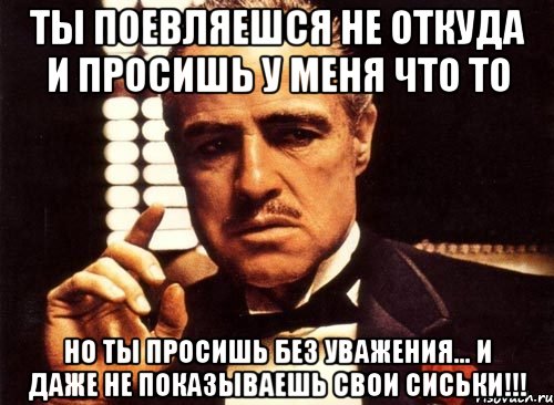 Ты Поевляешся не откуда и просишь у Меня Что то Но ты Просишь без Уважения... И Даже не показываешь Свои Сиськи!!!, Мем крестный отец