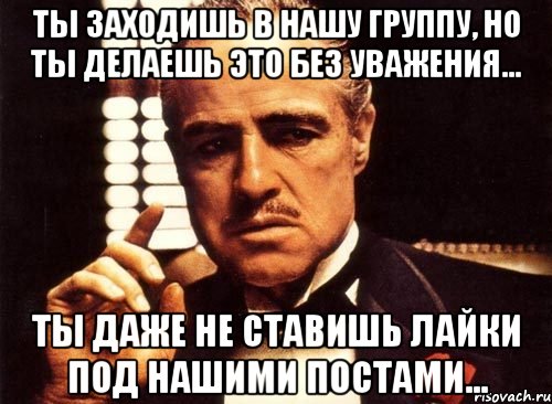 ТЫ ЗАХОДИШЬ В НАШУ ГРУППУ, НО ТЫ ДЕЛАЕШЬ ЭТО БЕЗ УВАЖЕНИЯ... ТЫ ДАЖЕ НЕ СТАВИШЬ ЛАЙКИ ПОД НАШИМИ ПОСТАМИ..., Мем крестный отец