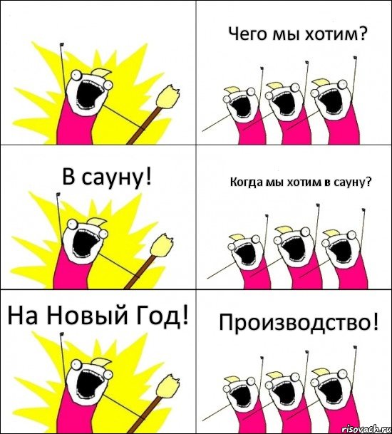 Производство! Чего мы хотим? В сауну! Когда мы хотим в сауну? На Новый Год! , Комикс кто мы