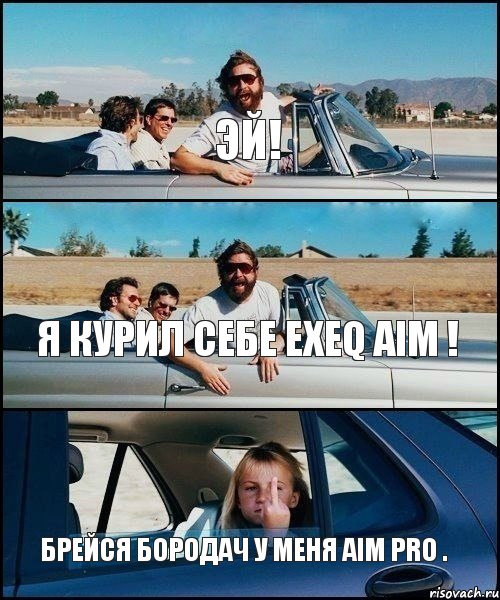 эй! я курил себе exeq aim ! брейся бородач у меня aim pro ., Комикс   Мальчишник (показывает средний палец)