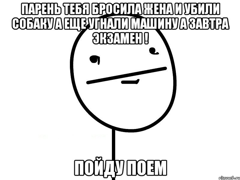 Парень тебя бросила жена и убили собаку а еще угнали машину а завтра экзамен ! Пойду поем, Мем Покерфэйс