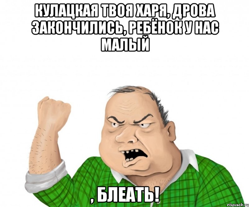 кулацкая твоя харя, дрова закончились, ребёнок у нас малый , блеать!, Мем мужик