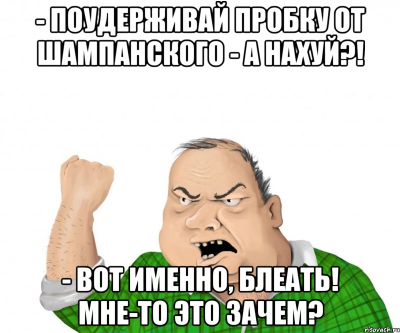 - поудерживай пробку от шампанского - а нахуй?! - вот именно, блеать! мне-то это зачем?, Мем мужик