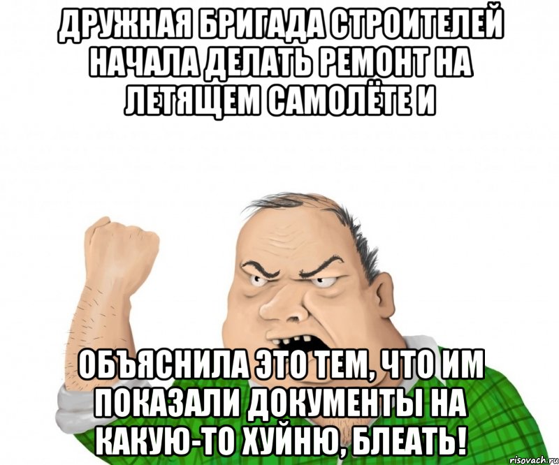 Дружная бригада строителей начала делать ремонт на летящем самолёте и объяснила это тем, что им показали документы на какую-то хуйню, блеать!, Мем мужик