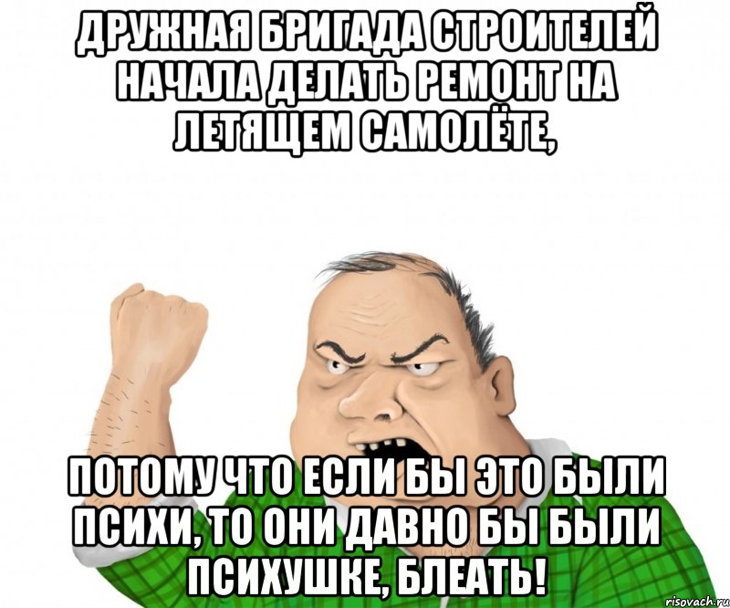 дружная бригада строителей начала делать ремонт на летящем самолёте, потому что если бы это были психи, то они давно бы были психушке, блеать!, Мем мужик