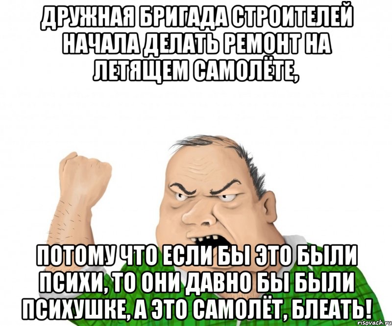 дружная бригада строителей начала делать ремонт на летящем самолёте, потому что если бы это были психи, то они давно бы были психушке, а это самолёт, блеать!, Мем мужик