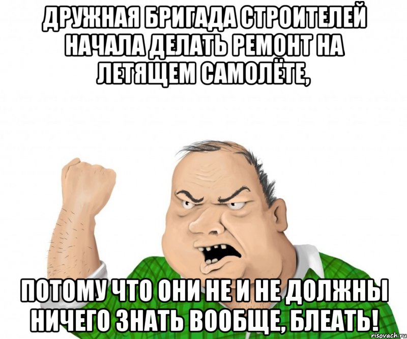 дружная бригада строителей начала делать ремонт на летящем самолёте, потому что они не и не должны ничего знать вообще, блеать!, Мем мужик