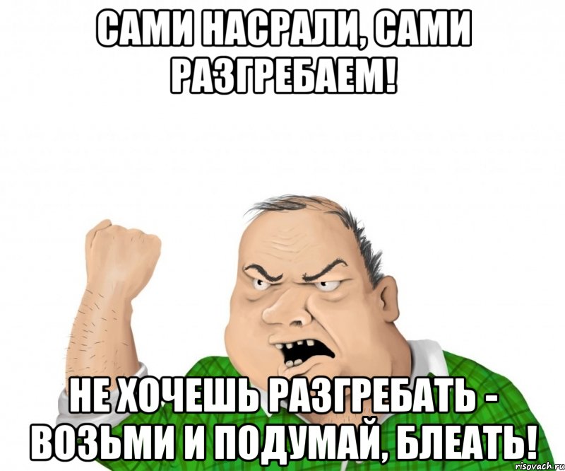 сами насрали, сами разгребаем! не хочешь разгребать - возьми и подумай, блеать!, Мем мужик