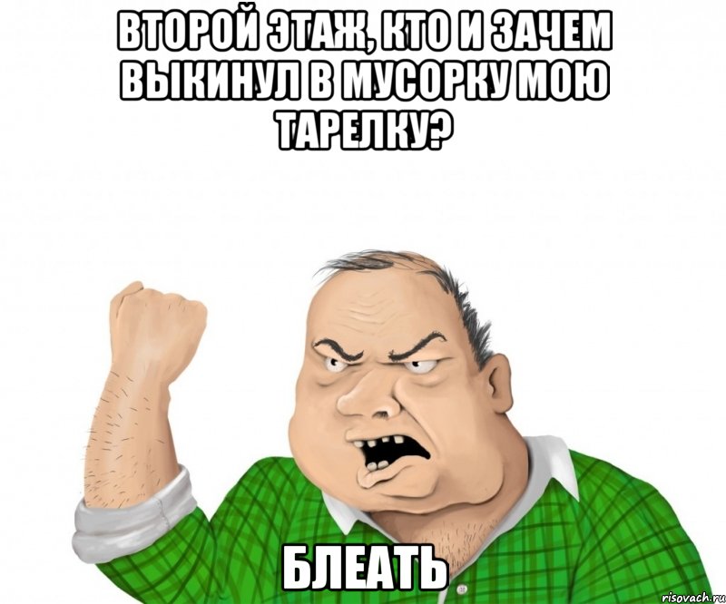 второй этаж, кто и зачем выкинул в мусорку мою тарелку? блеать, Мем мужик