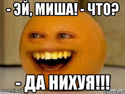 - Эй, Миша! - Что? - Да нихуя!!!, Мем Надоедливый апельсин