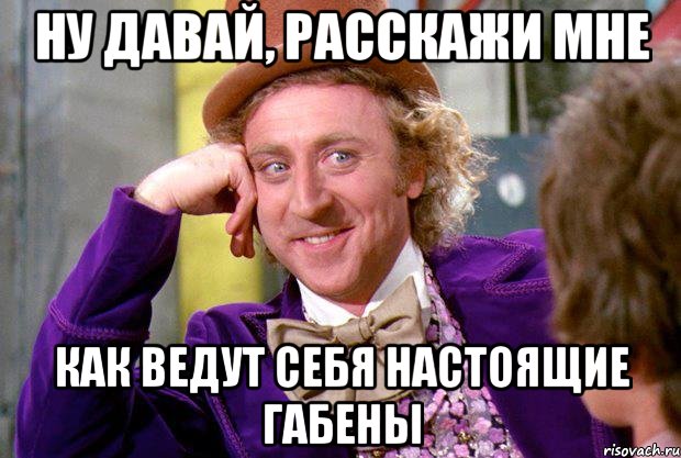 Ну давай, расскажи мне как ведут себя НАСТОЯЩИЕ Габены, Мем Ну давай расскажи (Вилли Вонка)