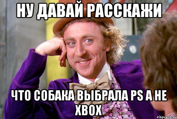 Ну давай расскажи Что собака выбрала PS а не Xbox, Мем Ну давай расскажи (Вилли Вонка)