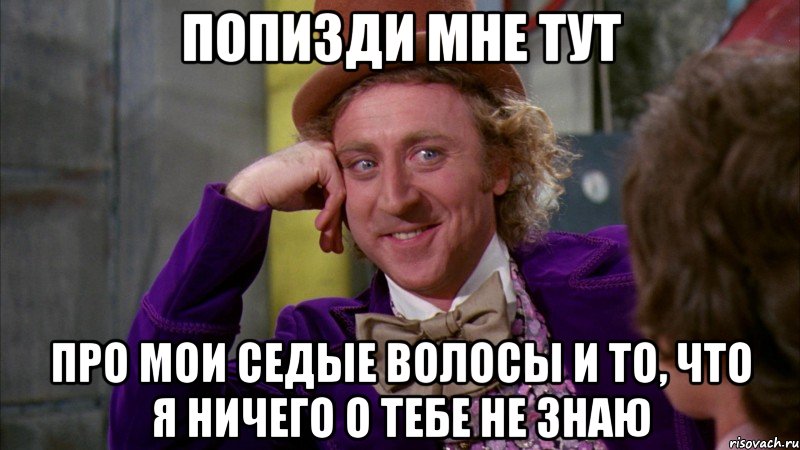 Попизди мне тут про мои седые волосы и то, что я ничего о тебе не знаю, Мем Ну давай расскажи (Вилли Вонка)