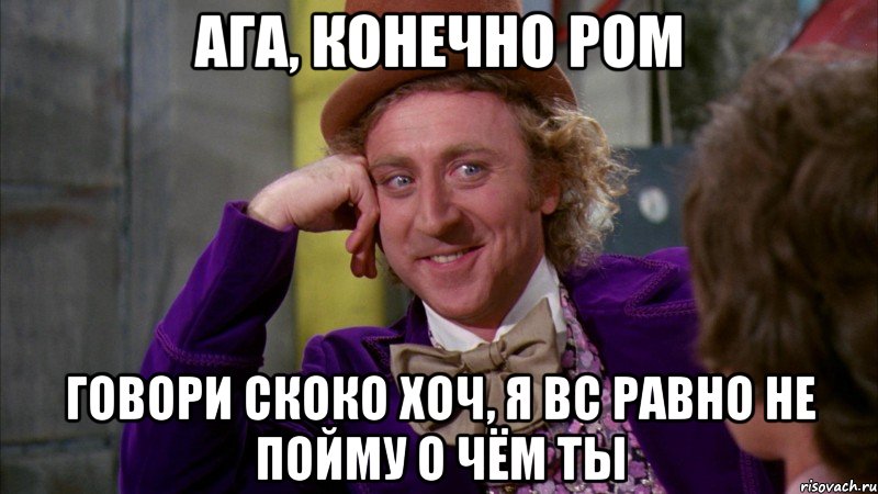 ага, конечно Ром говори скоко хоч, я вс равно не пойму о чём ты, Мем Ну давай расскажи (Вилли Вонка)