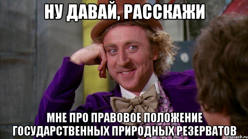 НУ ДАВАЙ, РАССКАЖИ Мне про Правовое положение государственных природных резерватов, Мем Ну давай расскажи (Вилли Вонка)