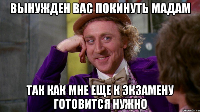 Вынужден вас покинуть мадам так как мне еще к экзамену готовится нужно, Мем Ну давай расскажи (Вилли Вонка)