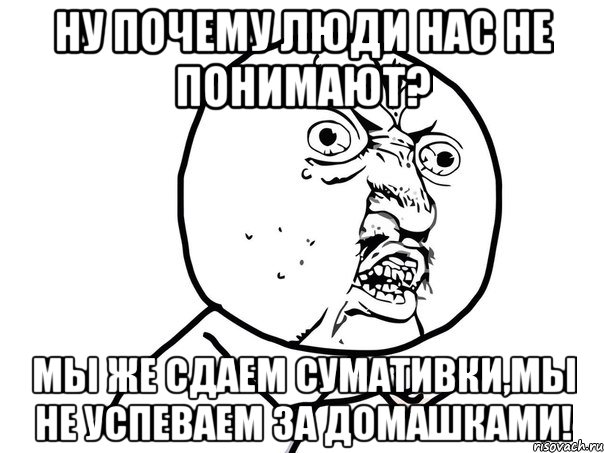 Ну почему люди нас не понимают? Мы же сдаем сумативки,мы не успеваем за домашками!, Мем Ну почему (белый фон)