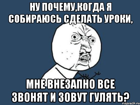 Ну почему,когда я собираюсь сделать уроки, мне внезапно все звонят и зовут гулять?, Мем Ну почему