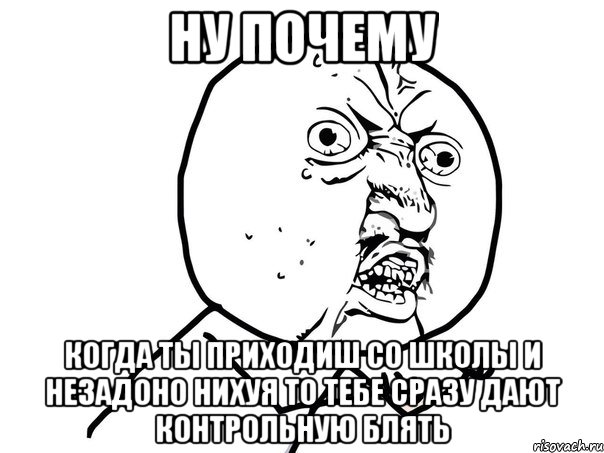 ну почему когда ты приходиш со школы и незадоно нихуя то тебе сразу дают контрольную блять, Мем Ну почему (белый фон)