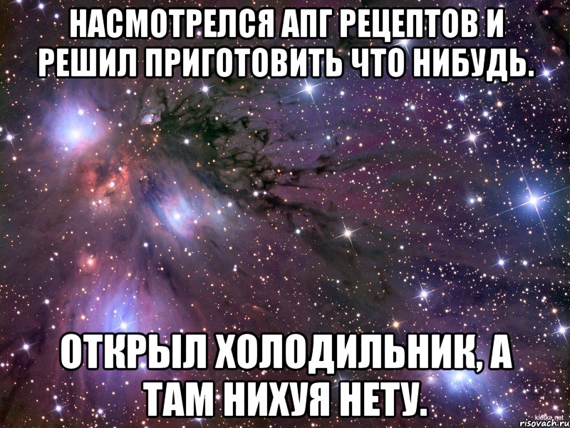 Насмотрелся АПГ рецептов и решил приготовить что нибудь. Открыл холодильник, а там нихуя нету., Мем Космос