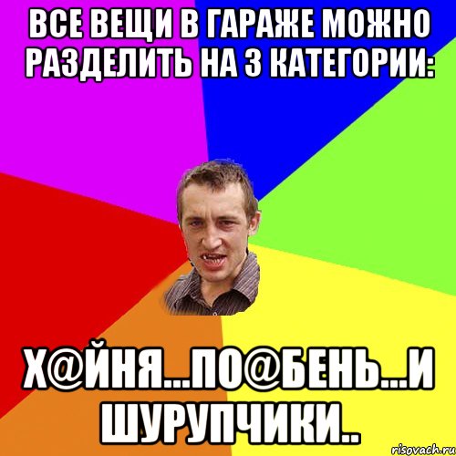 Все вещи в гараже можно разделить на 3 категории: х@йня...по@бень...и шурупчики.., Мем Чоткий паца