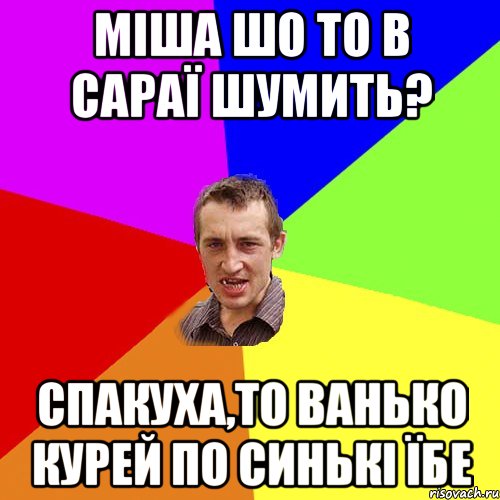 МІША ШО ТО В САРАЇ ШУМИТЬ? СПАКУХА,ТО ВАНЬКО КУРЕЙ ПО СИНЬКІ ЇБЕ, Мем Чоткий паца