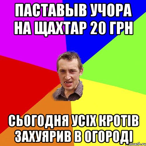 Паставыв учора на щахтар 20 грн Сьогодня усіх кротів захуярив в огороді, Мем Чоткий паца