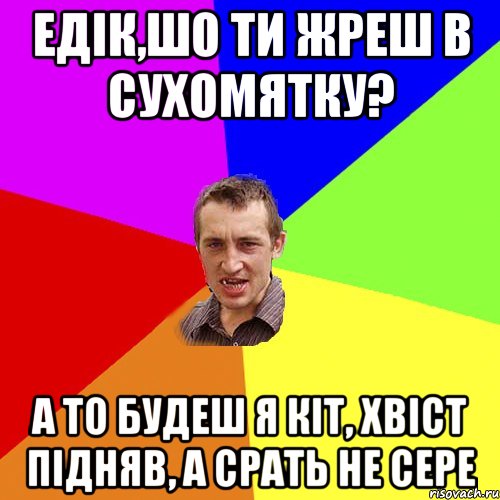 Едік,шо ти жреш в сухомятку? а то будеш я кіт, хвіст підняв, а срать не сере, Мем Чоткий паца