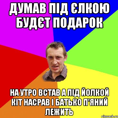 Думав під єлкою будєт подарок На утро встав а під йолкой кіт насрав і батько п'яний лежить, Мем Чоткий паца