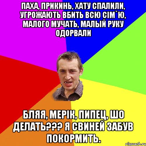 Паха, прикинь, хату спалили, угрожають вбить всю сім`ю, малого мучать, малый руку одорвали Бляя, Мерік, пипец, шо делать??? Я свиней забув покормить., Мем Чоткий паца