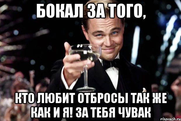 БОКАЛ ЗА ТОГО, КТО ЛЮБИТ ОТБРОСЫ ТАК ЖЕ КАК И Я! ЗА ТЕБЯ ЧУВАК, Мем Великий Гэтсби (бокал за тех)