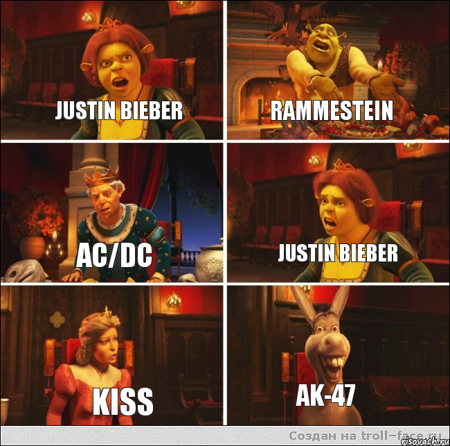  Justin Bieber Rammestein AC/DC Justin Bieber Kiss AK-47, Комикс  Шрек Фиона Гарольд Осел