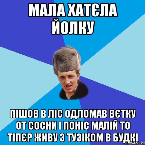 Мала хатєла йолку пішов в ліс одломав вєтку от сосни і поніс малій то тіпєр живу з тузіком в будкі, Мем Празднчний паца