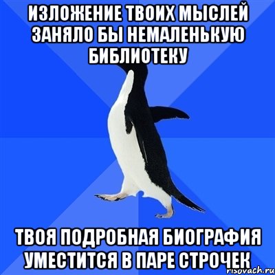 изложение твоих мыслей заняло бы немаленькую библиотеку твоя подробная биография уместится в паре строчек, Мем  Социально-неуклюжий пингвин