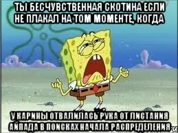 ты бесчувственная скотина если не плакал на том моменте, когда у Карины отвалилась рука от листания айпада в поисках начала распределения, Мем Спанч Боб плачет