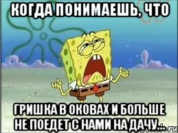 Когда понимаешь, что Гришка в оковах и больше не поедет с нами на дачу..., Мем Спанч Боб плачет