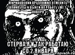 Жириновский предложил отменить каникулы и выйти на работу уже 2 января стерва,я и так работаю со 2 января, Мем СТЕРВА face