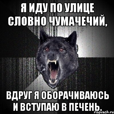 Я иду по улице словно чумачечий, Вдруг я оборачиваюсь и вступаю в печень., Мем Сумасшедший волк