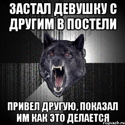 Застал девушку с другим в постели Привел другую, показал им как это делается, Мем Сумасшедший волк